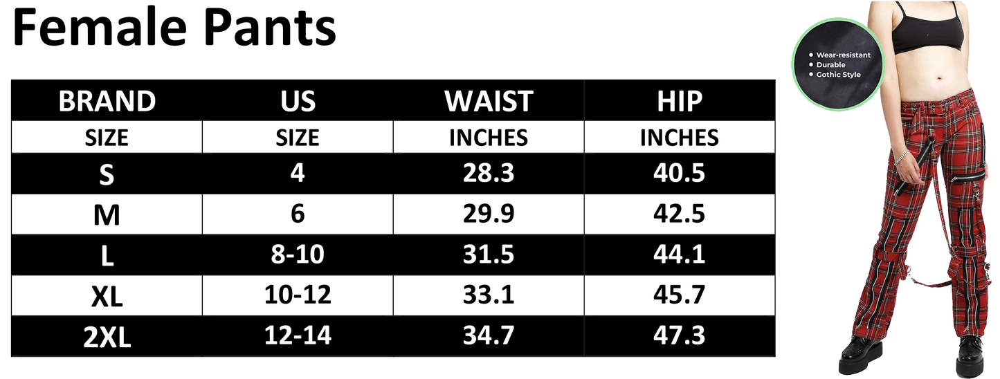 Women's Gothic Bondage Pant Rock Hard Trouser Plaid Red Jeans Pant Alternative Rebel Rock EMO Pants