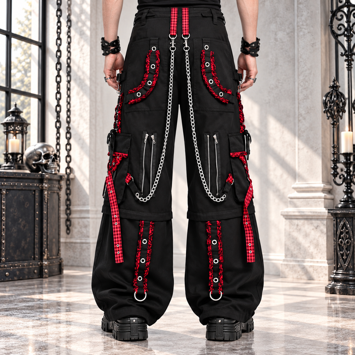 EXTREME BONDAGE GOTHIC PUNK ROCKER CYBER GOTH RED & BLACK STEAMPUNK BIKER PANTS