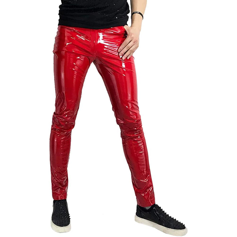 GOTHIC MEN RED BONE FIT PVC VINYL GLOSS FETISH ROCKER SKINNY JEANS PANTS