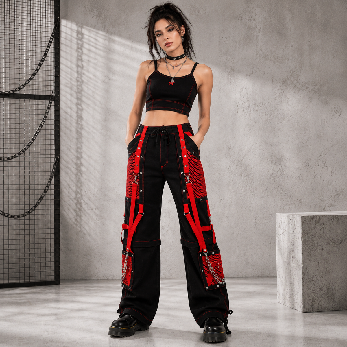 Black/Red Jeans Extreme Bondage Rocker Cyber Goth Steampunk Pant Usa