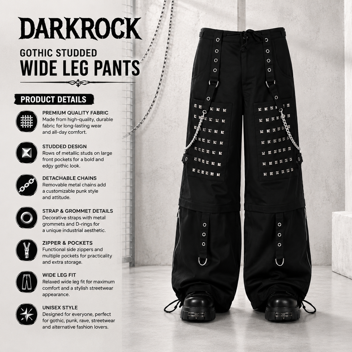 Gothic Men Black Goth Monster Studs Goth Punk Rock Pants