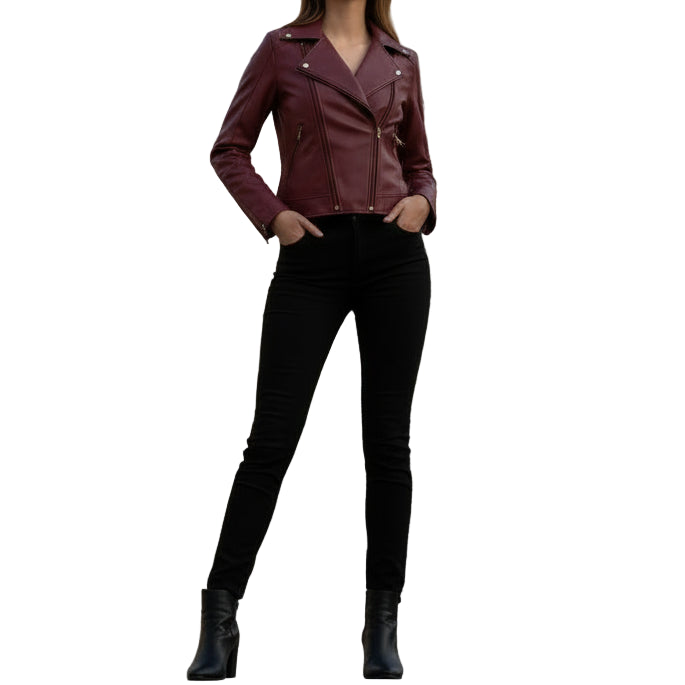 Women's Maroon Slim Fit Biker Style Moto Faux Leather Jacket