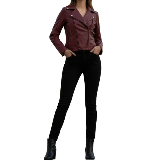 Women's Maroon Slim Fit Biker Style Moto Faux Leather Jacket