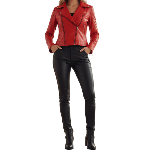 Prime Quality Women Red Slim Fit Biker Style Moto Faux Leather Jacket USA Seller
