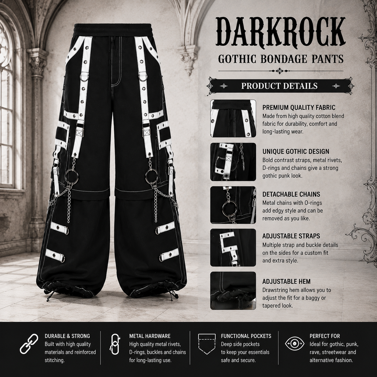 Gothic Men Handmade Bondage Gothic Cyber Pant Chain Techno Rock Punk Shorts Trouser Pants USA