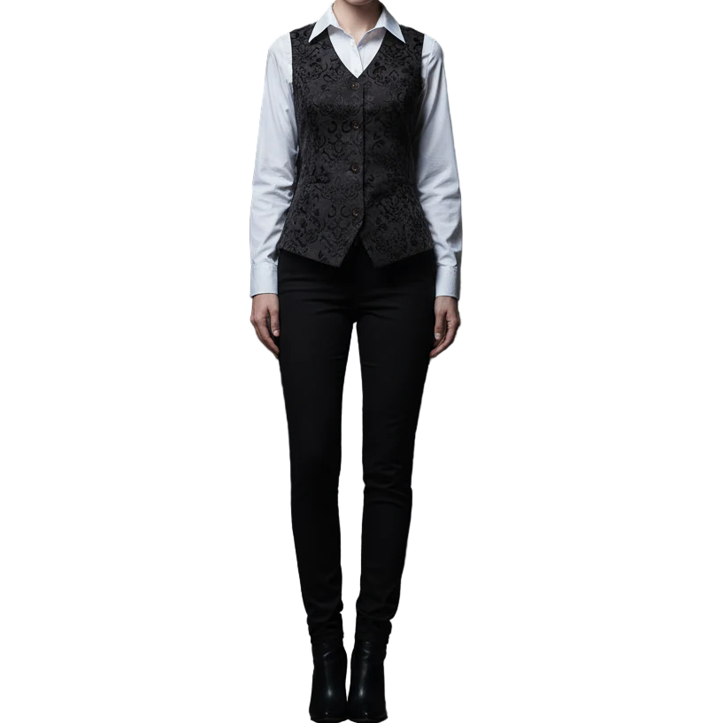 Women's Black Brocade Waistcoat Vest Vintage Steampunk Dress Jacquard Jacket