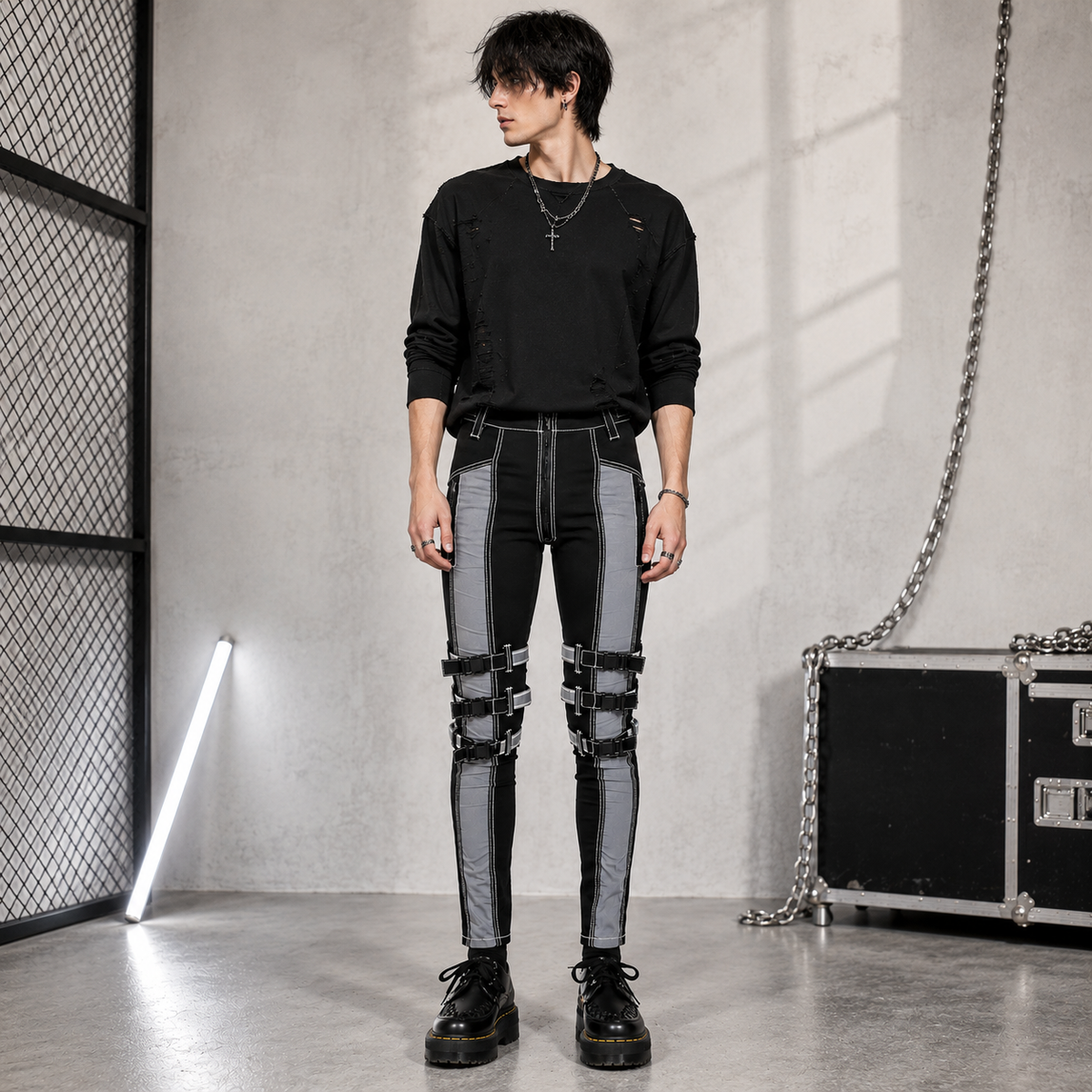 Prime Quality Gothic Bondage Reflective Men Pant Alternative Punk Rock Emo Trouser Pant Emo