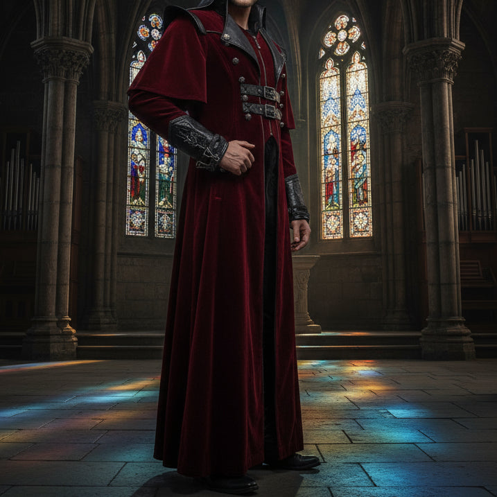 Gothic Steampunk Military Red Jacket Men's Punk Highwayman Regency Long Coat