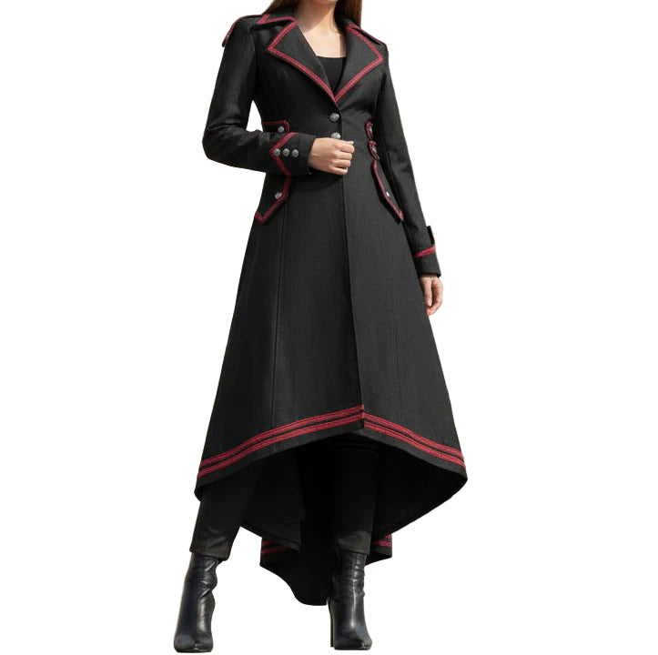 Women's Steampunk Military Coat Jacket Long Black Red Gothic Uniform