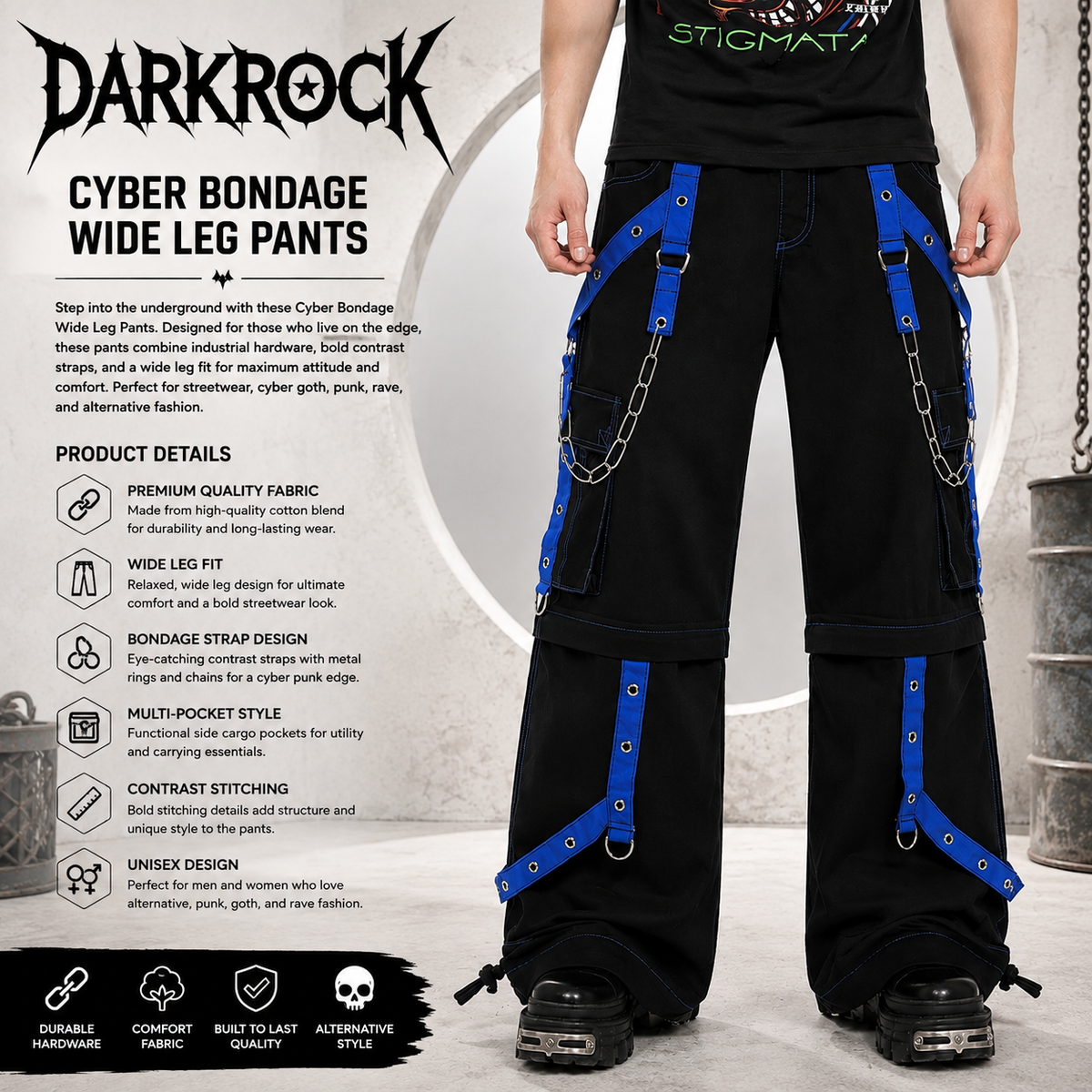 Bondage Gothic Men's Cyber Rave Techno Jeans Punk Shorts Biker Pants