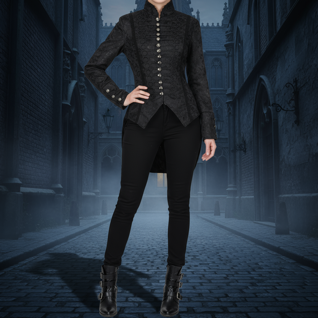 Women's Handmade Black Brocade Gothic Victorian Steampunk Gothic Long Coat/Black Coat