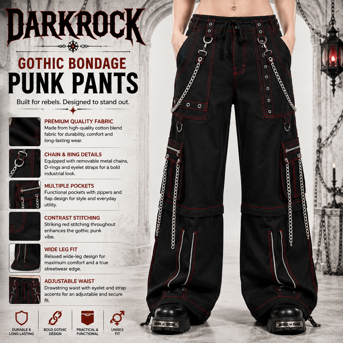 Men's Electro Bondage Gothic Red Stitch Rave Gothic Cyber Chain Goth Jeans Punk Rock Pants USA