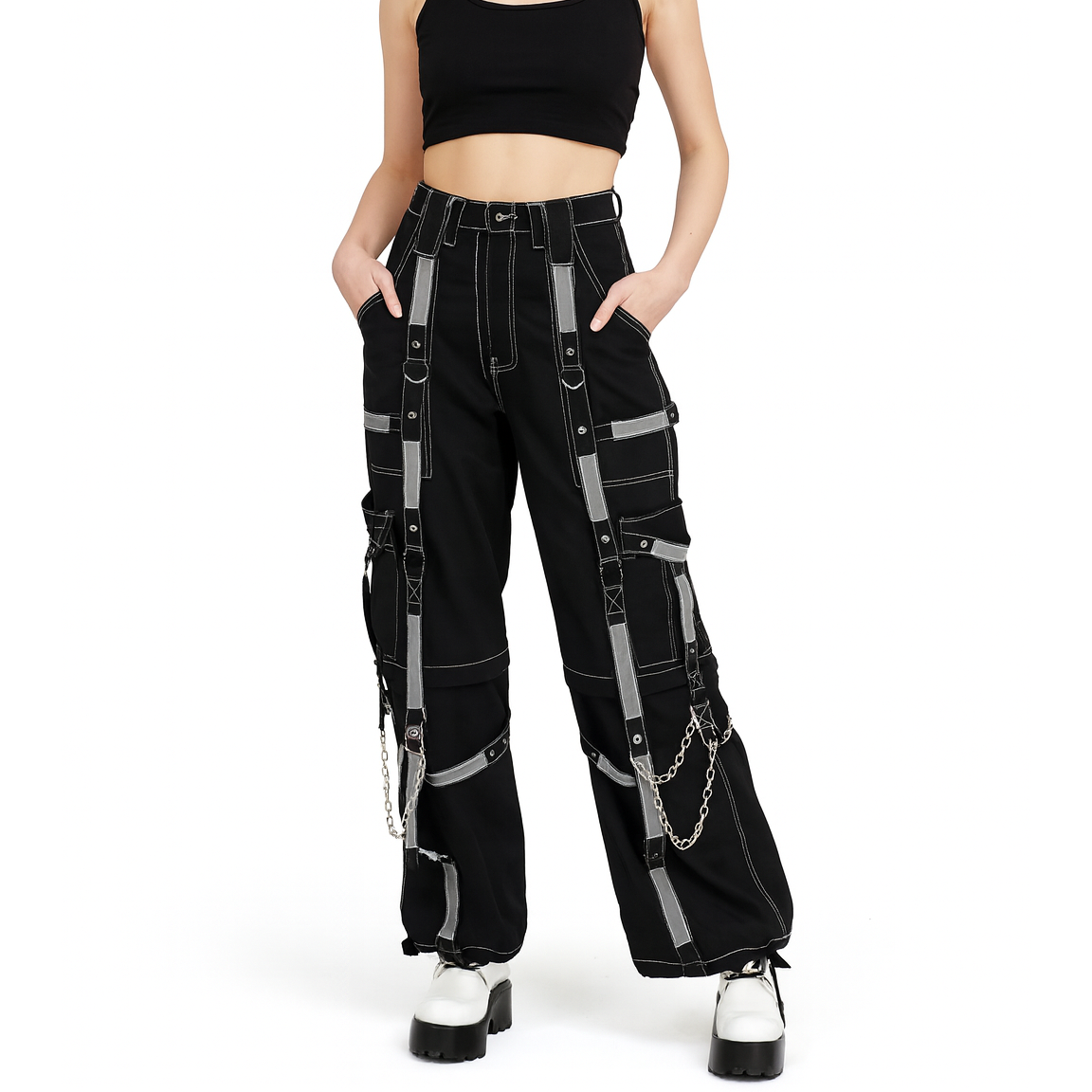 Women's Bondage Reflective Alternative Punk Rock Emo Trouser Pant Shorts