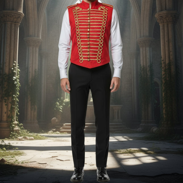 Men's Military Hussar Sleeveless Vest Red & Gold Jacket Free Shipping Usa