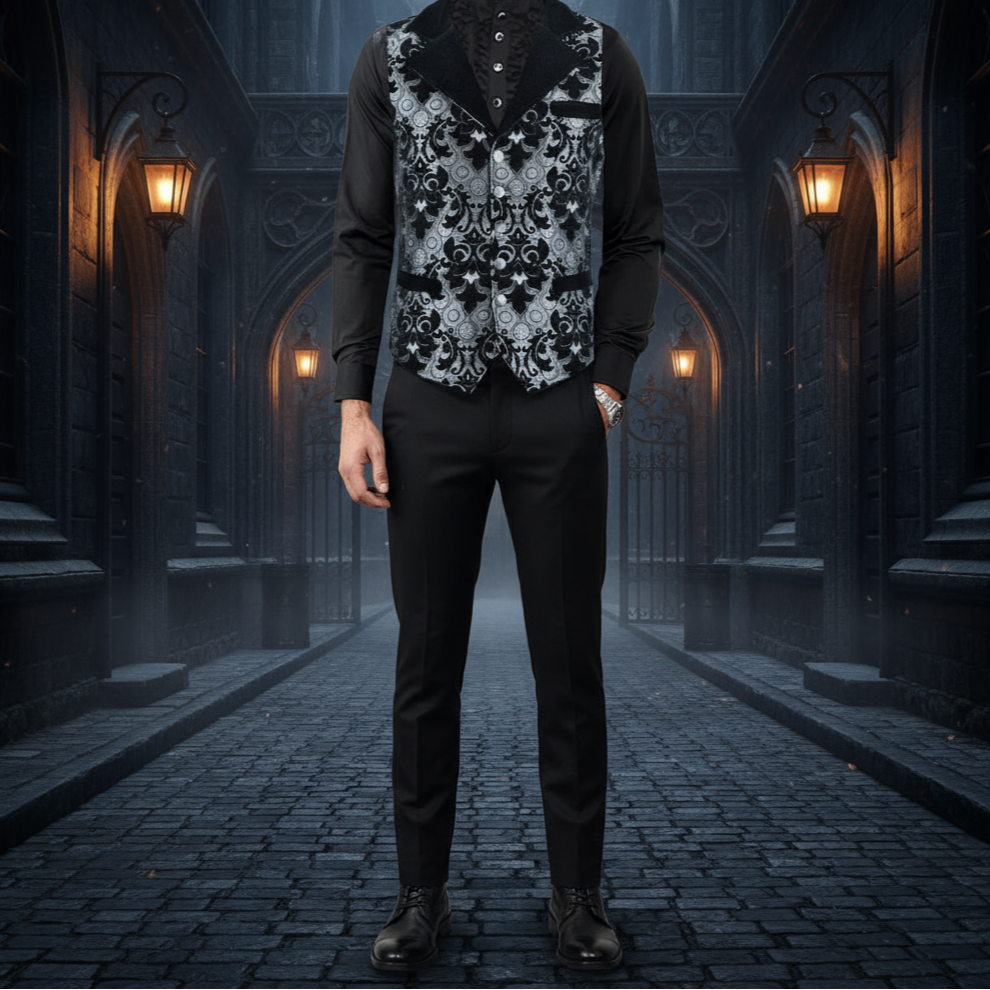 Victorian Gentleman's Aristocrat Vest Black/Silver Tapestry/Stylish Casual Vest