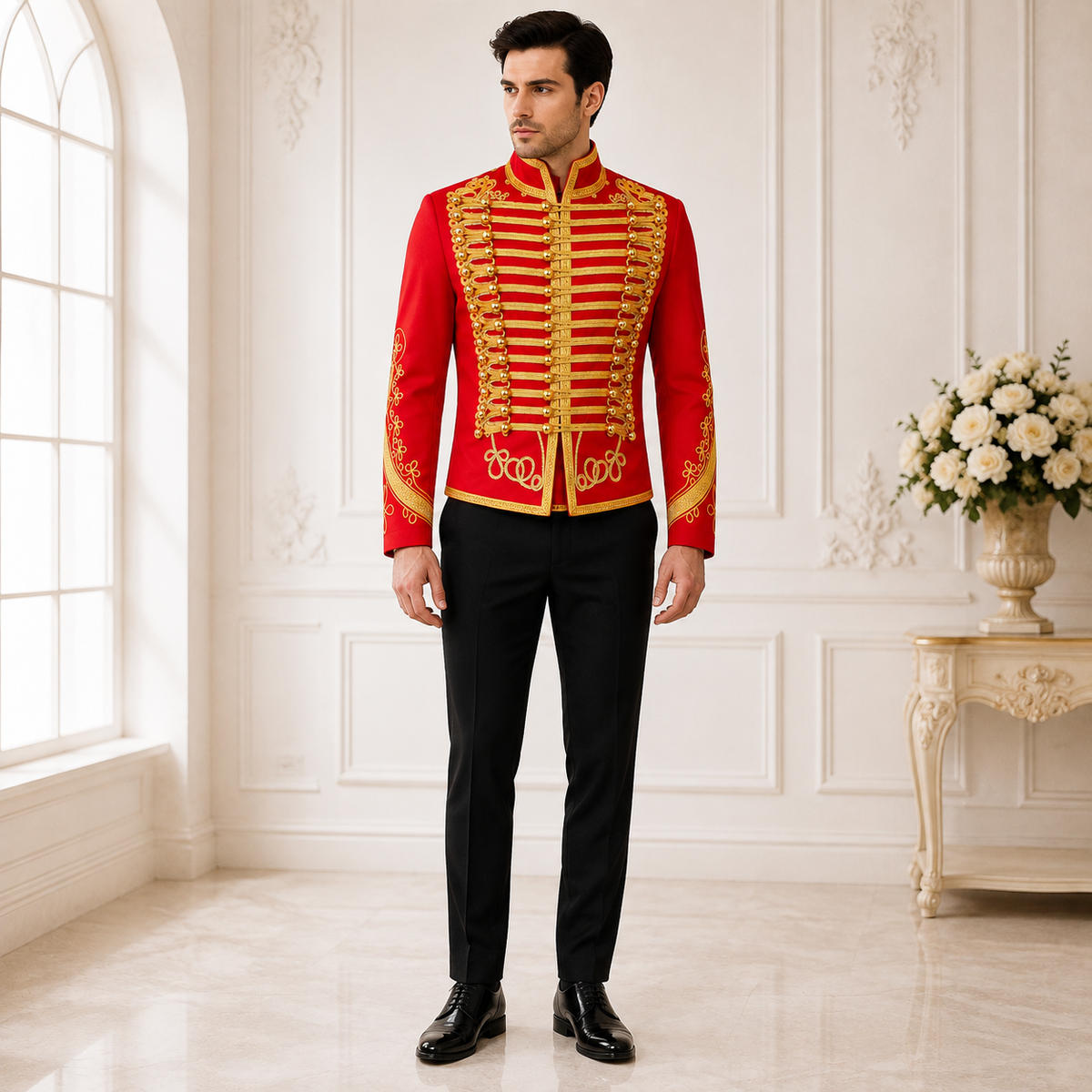 Men’s Adam Luxe Military Drummer Jacket – Red Parade Hussar Style