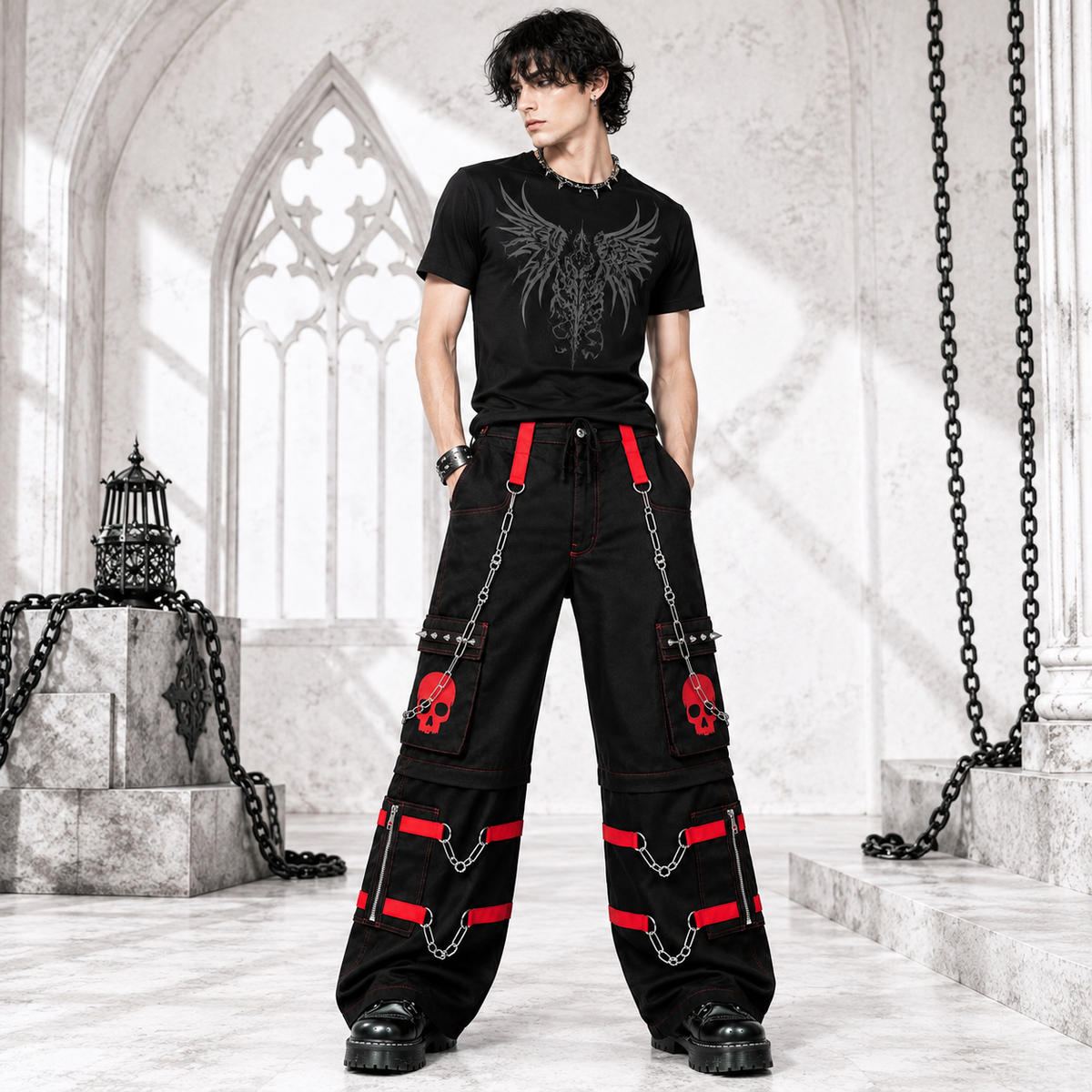 Gothic Bondage Black Skull Zip Off Pants Black Amp Red Alternative Punk Rock Emo Trouser Pant/Usa