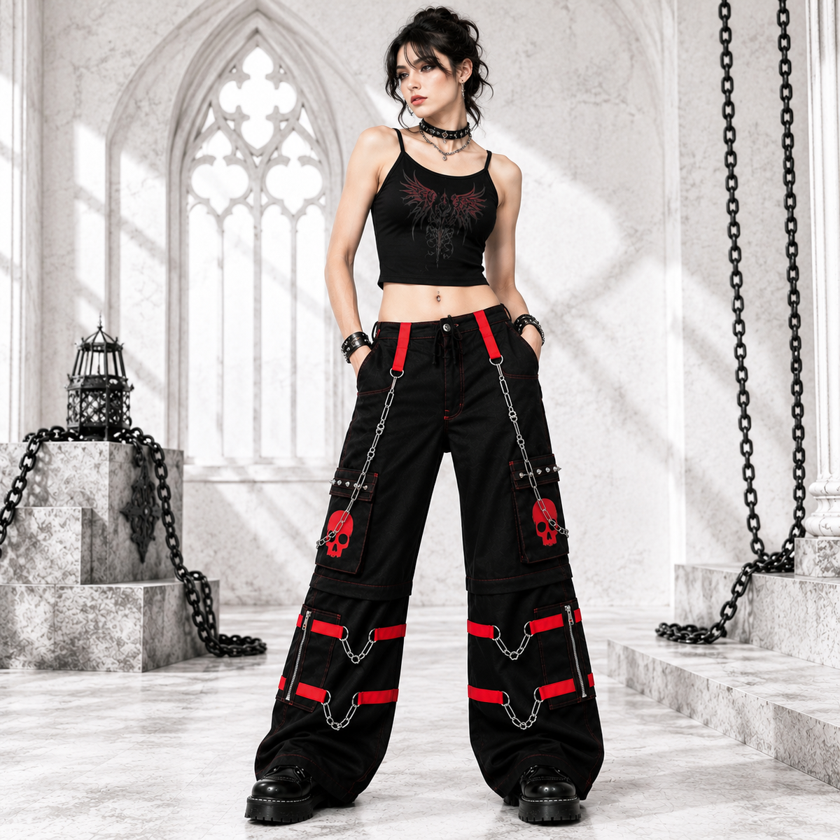 Gothic Bondage Black Skull Zip Off Pants Black Amp Red Alternative Punk Rock Emo Trouser Pant/Usa