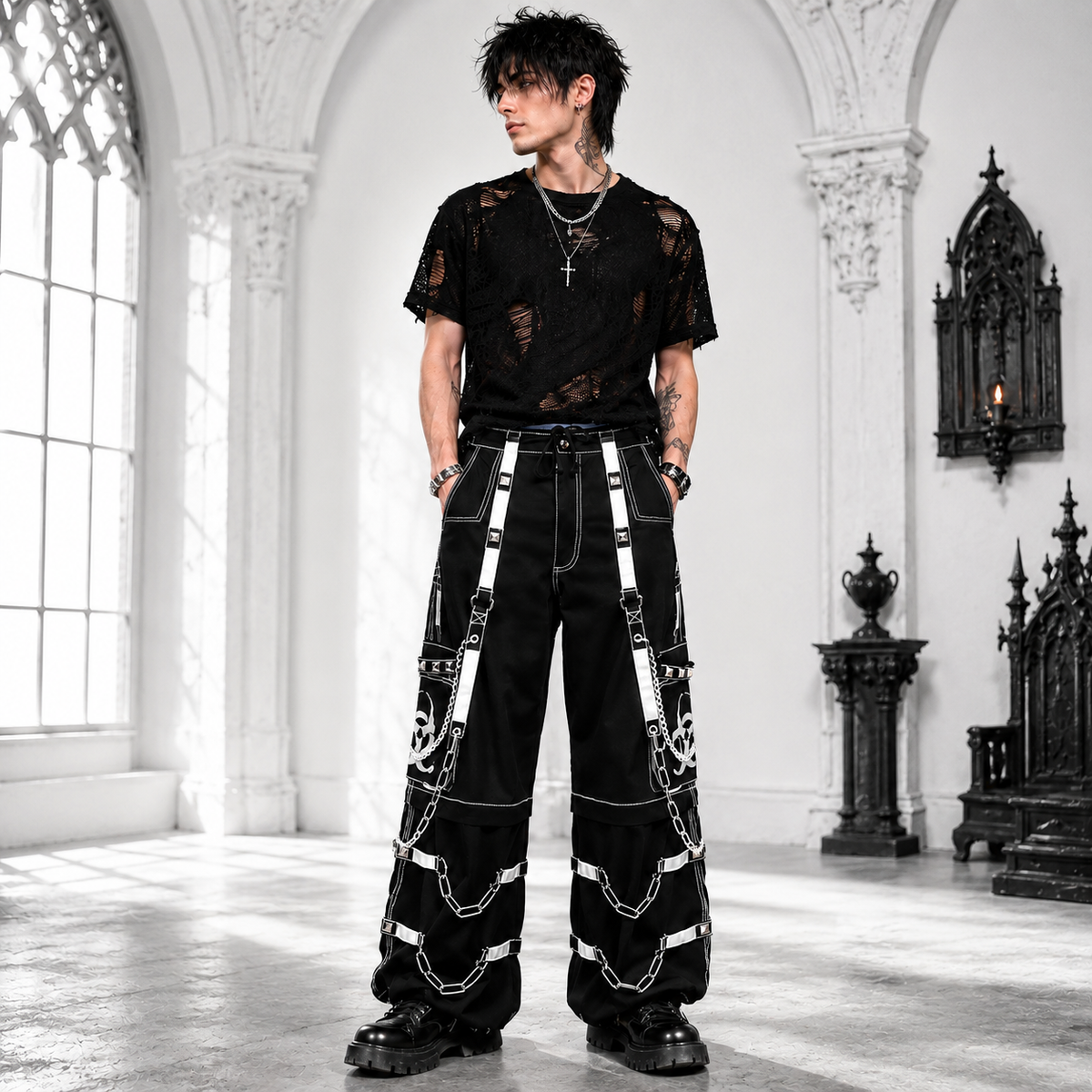 Prime Quality Men Gothic Bondage Reflective Men Street Walker Pant Alternative Punk Rock Emo Trouser Pant Shorts