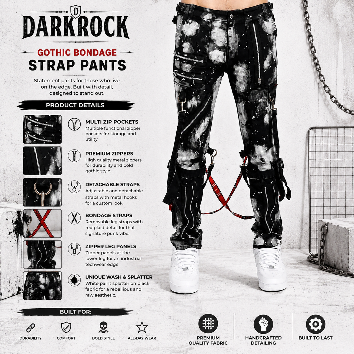 Prime Quality Handmade Men Gothic Bondage Day Walker Pant Alternative Punk Rock Bleach Emo Pants USA