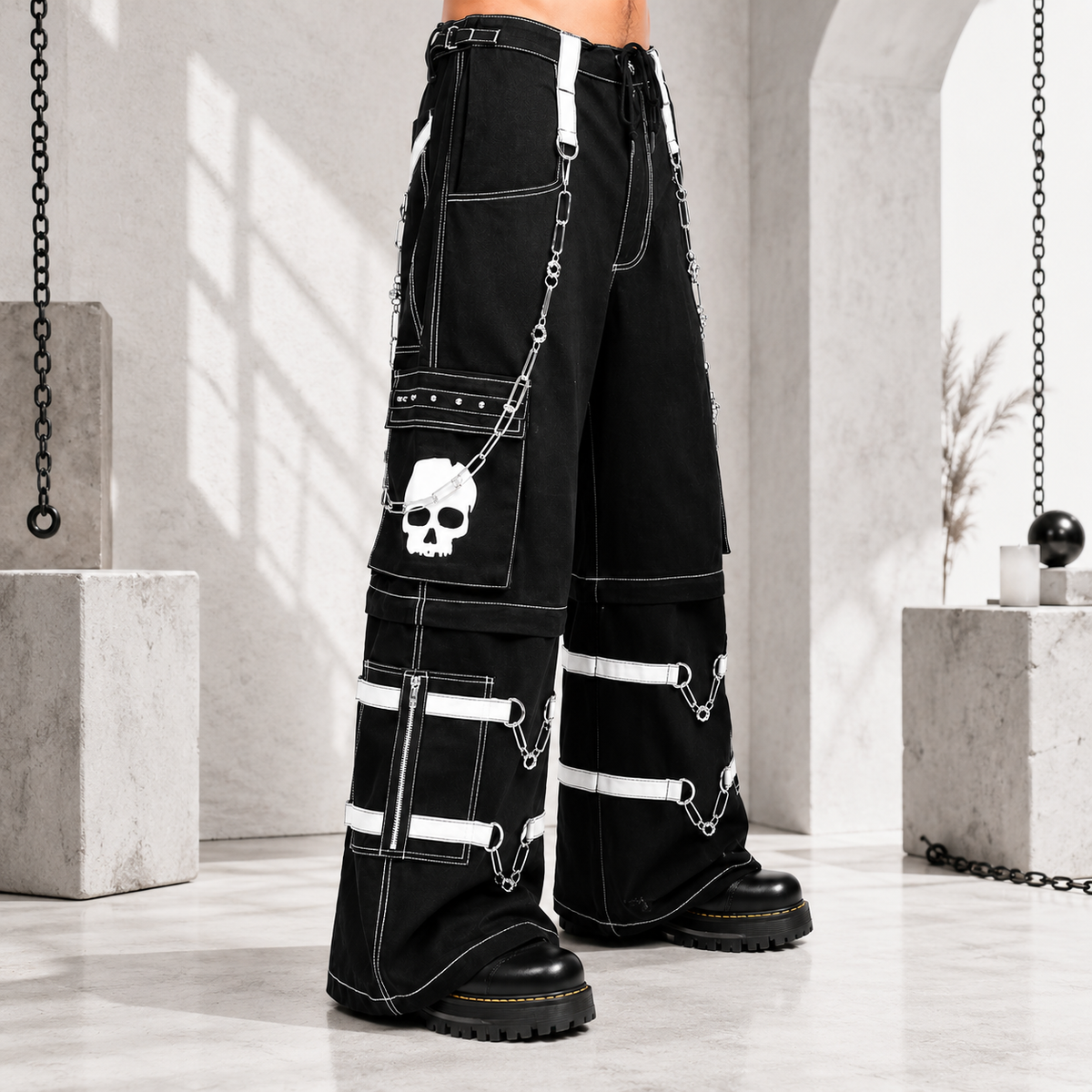 Gothic Bondage Black Skull Zip Off Pants Black & Amp White Alternative Punk Rock Emo Trouser Pant Usa