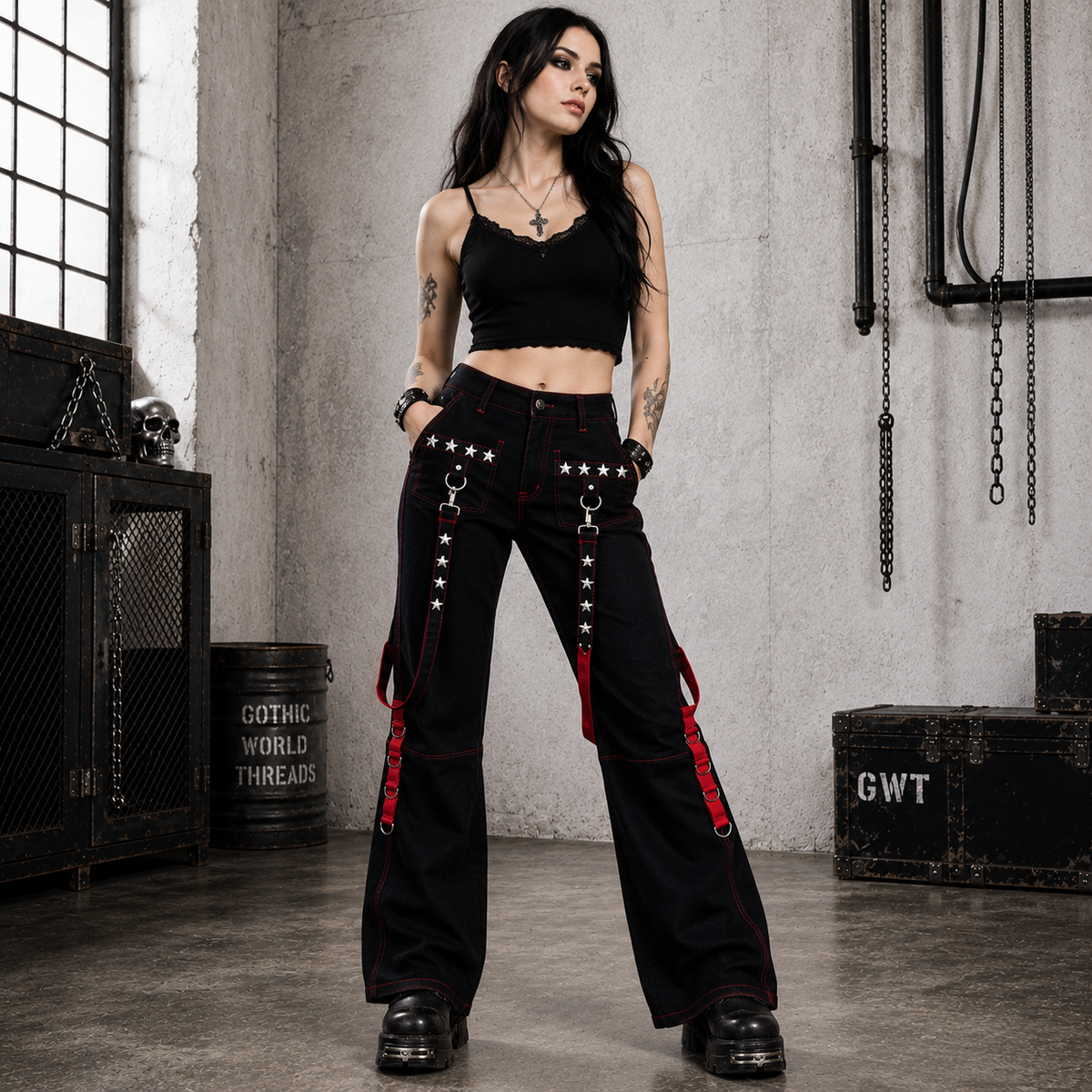 Prime Quality Gothic Men's Punk Goth Emo Bondage Star Black Red Pants