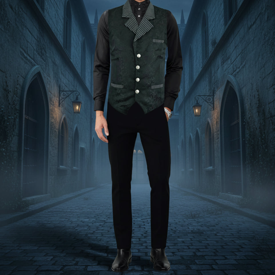Men's Victorian Steampunk Captain Black Brocade Waistcoat Gentleman Vest