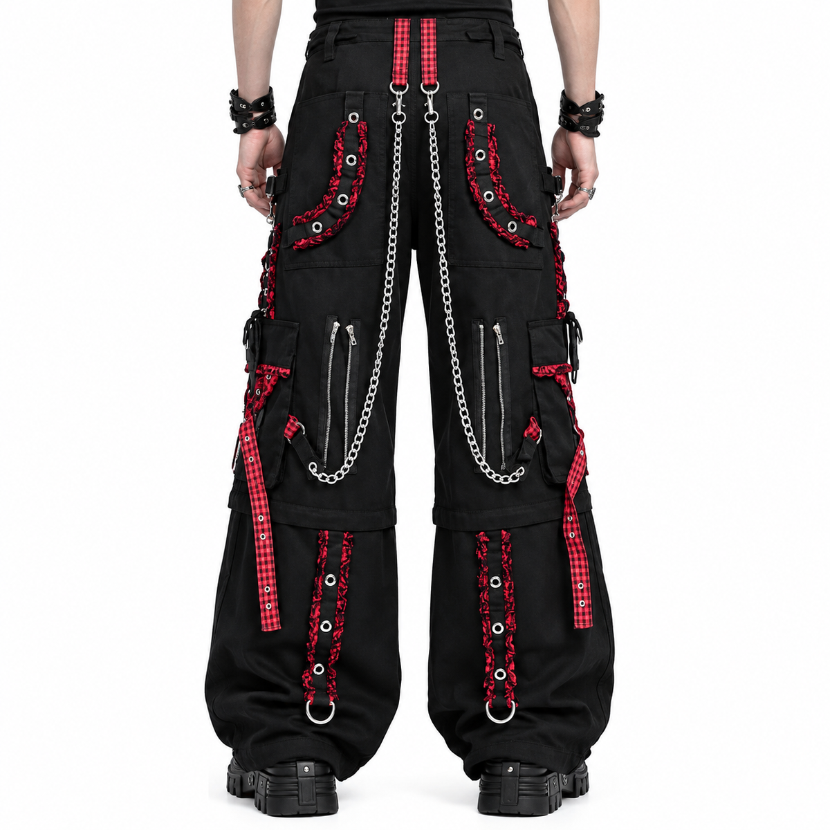 EXTREME BONDAGE GOTHIC PUNK ROCKER CYBER GOTH RED & BLACK STEAMPUNK BIKER PANTS