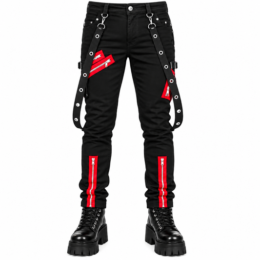 Men's Denim Red Zipper Stinger Jeans with Grommet Suspenders