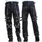 Prime Quality Handmade Gothic Pant White Threads Buckles Zips Chains Straps Cyber Punk Trousers Pants/USA