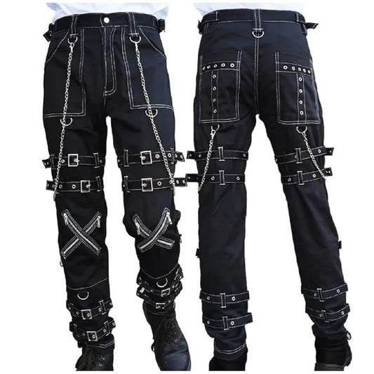 Prime Quality Handmade Gothic Pant White Threads Buckles Zips Chains Straps Cyber Punk Trousers Pants/USA