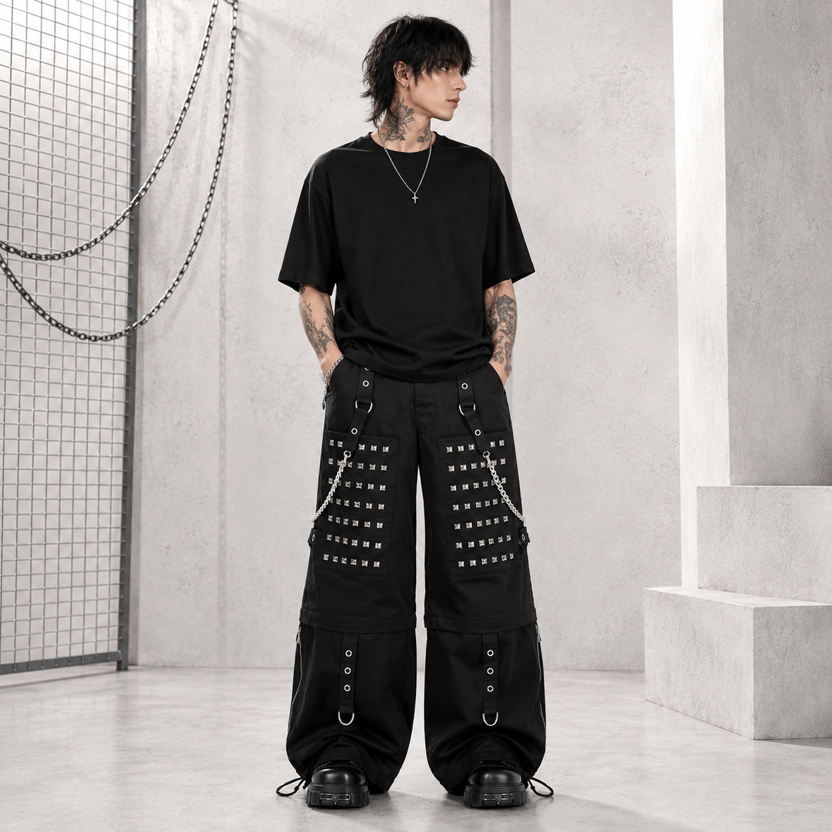 Gothic Men Black Goth Monster Studs Goth Punk Rock Pants