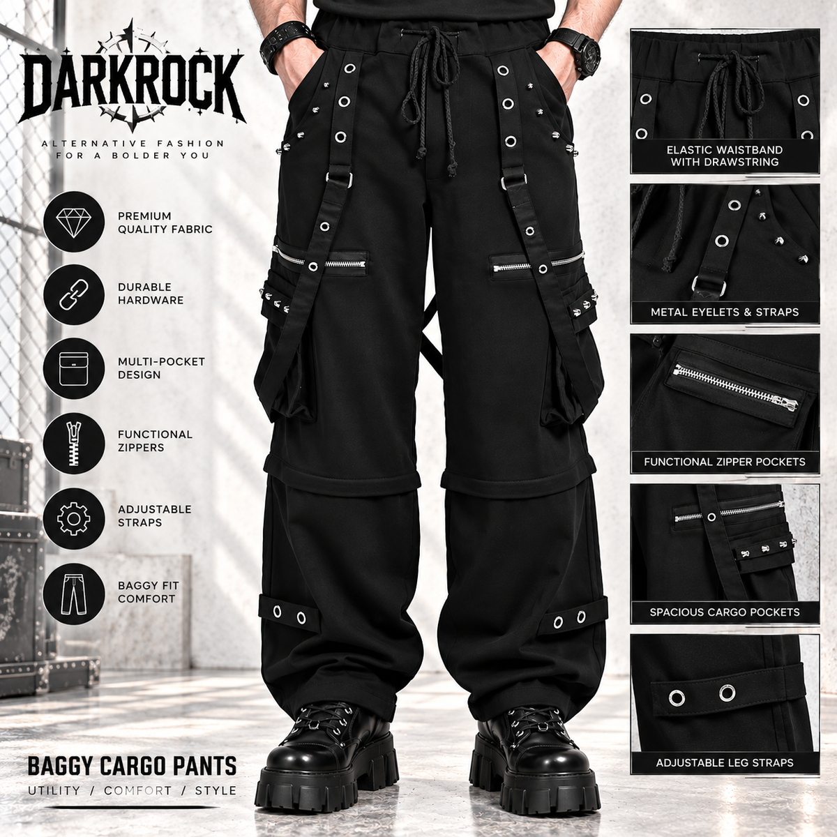 Men's Black Gothic Punk Pants With Straps Fleece Pants Alternative Wears