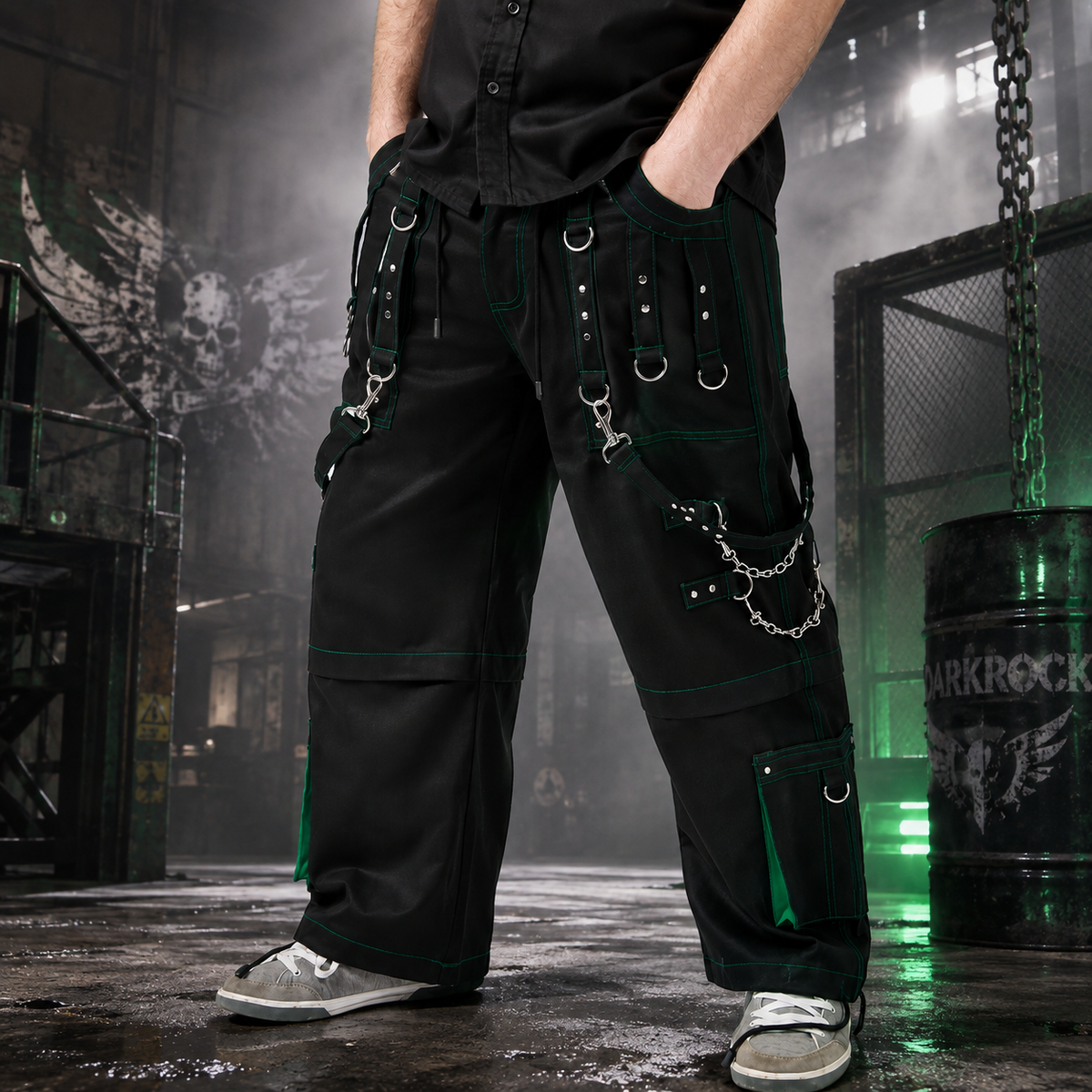 Gothic Men's Handmade Green Thread Rocker Bondage 4 Pocket Trouser Punk Rock Black/ Green Stitch Pant