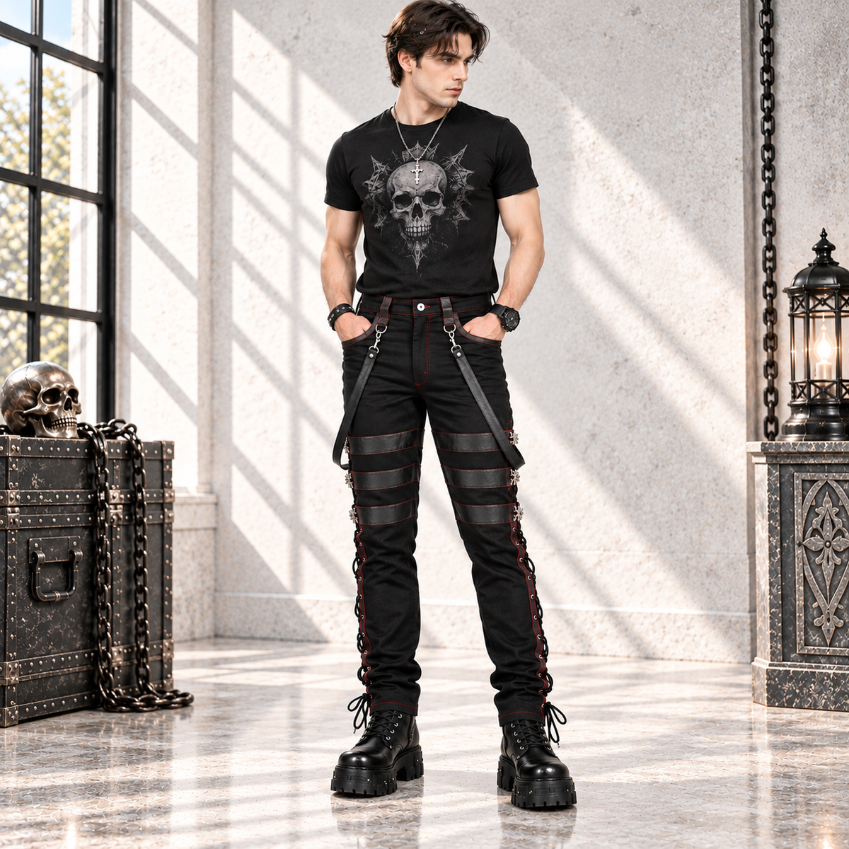 Gothic Men's Steampunk Pants Black Gothic Vintage Cotton Gens Trouser Pant