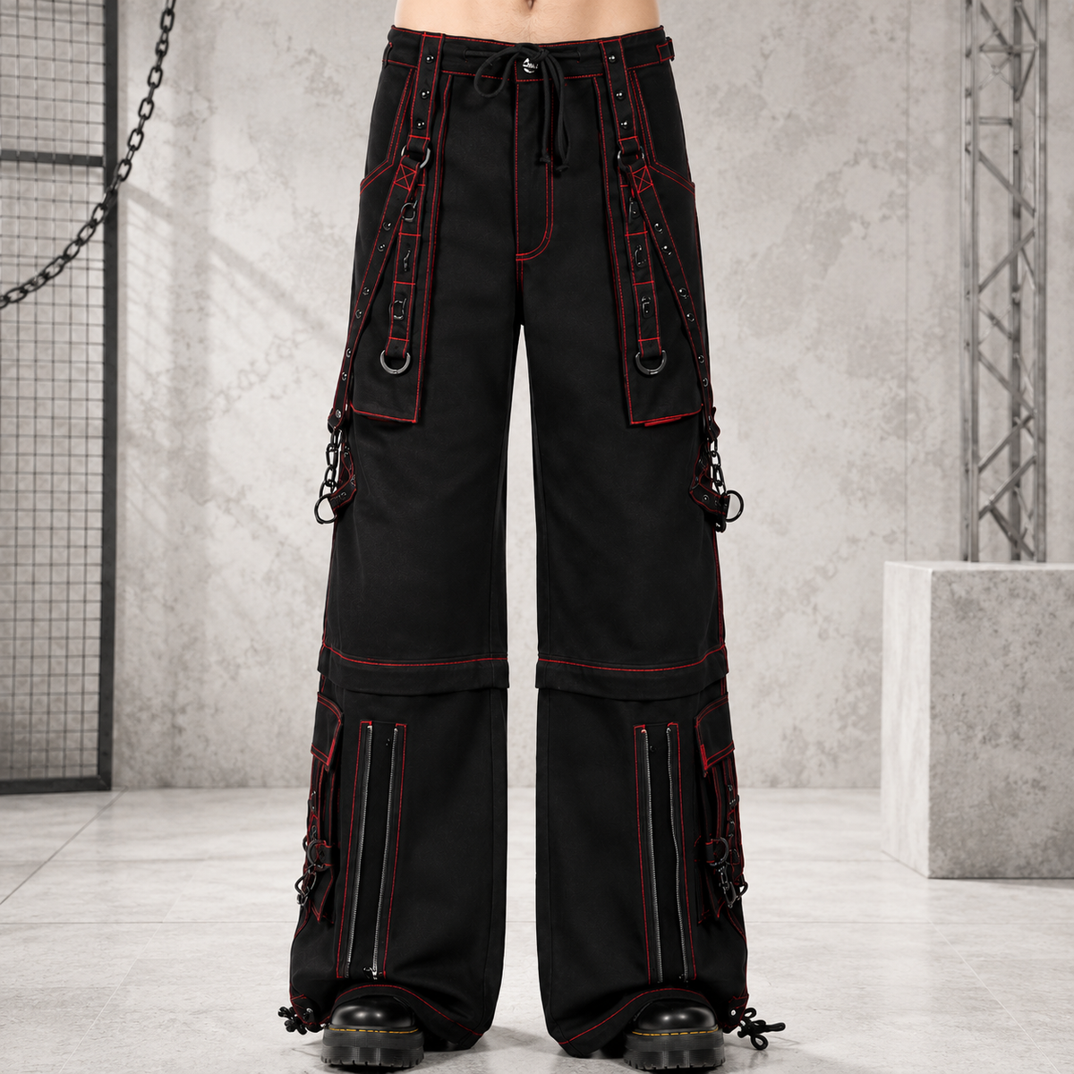Men’s Black Gothic Super Studded Pants Red Stitching Men’s Fashion Goth Pant