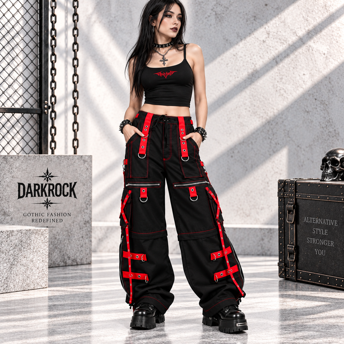 Gothic Men's Zip Off Pants Black Red