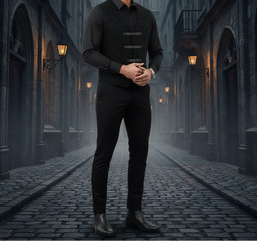 Premium Men's Vest Waistcoat Black Damask Velvet Goth Steampunk VTG/Brocade Vest