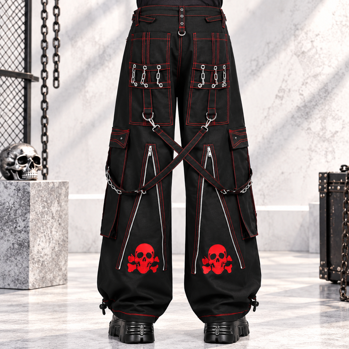 Gothic Mens Black Bondage Red Back Skull Punk Rock Pants