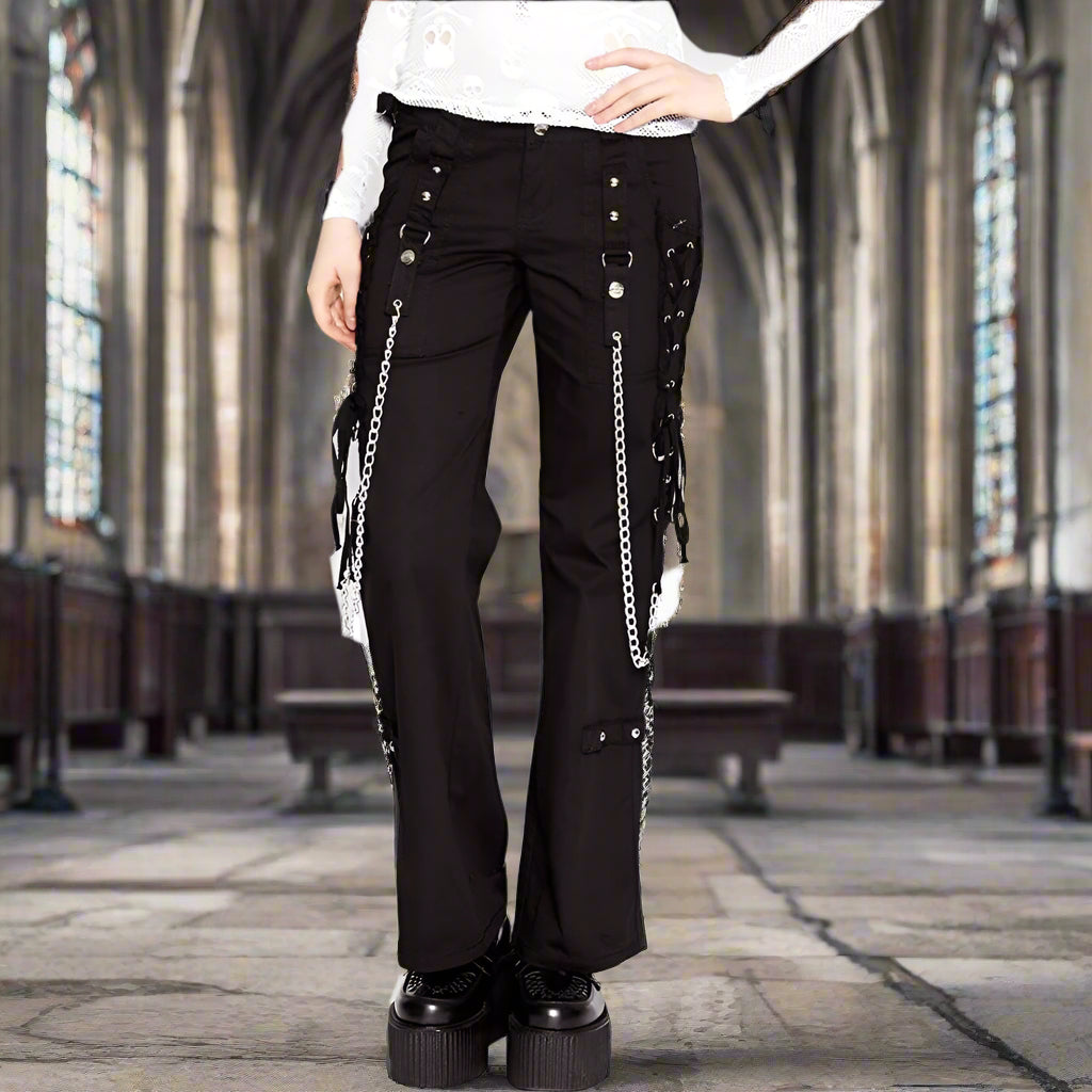 Women Gothic Rave Black Chain Rock Star Straps Metal Punk Show Pants