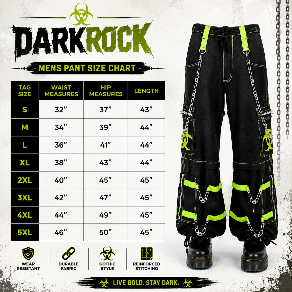 New Biohazard Men Gothic Black Lime Bondage Reflective Biohazard Symbol Pant Alternative Punk Rock Trouser Shorts