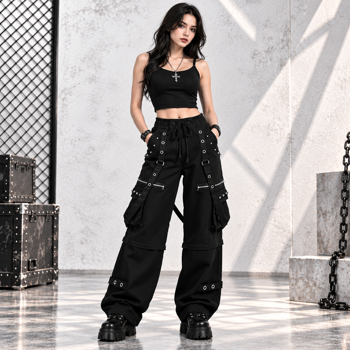 Men's Black Gothic Punk Pants With Straps Fleece Pants Alternative Wears