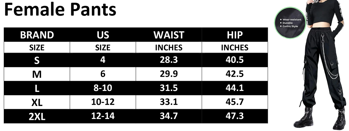 Women's Black Cargo Pants for Techwear Women Loose Street Rock Style Casual Black Pants with Chain Gothic Pants