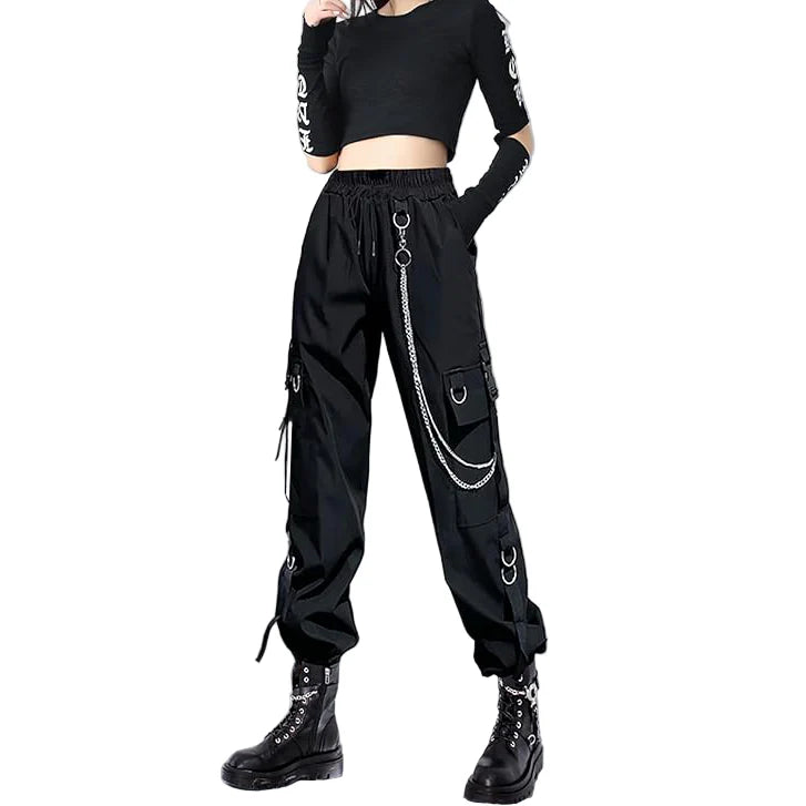 Women's Black Cargo Pants for Techwear Women Loose Street Rock Style Casual Black Pants with Chain Gothic Pants
