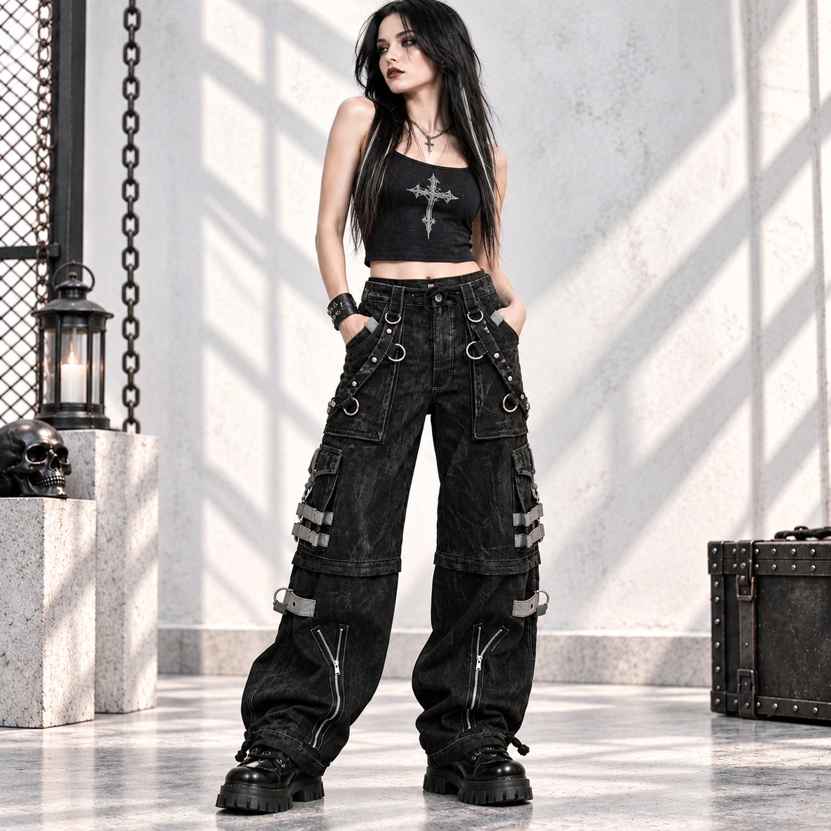 Gothic Black & Amp Grey Overdyed Zip Off Pants
