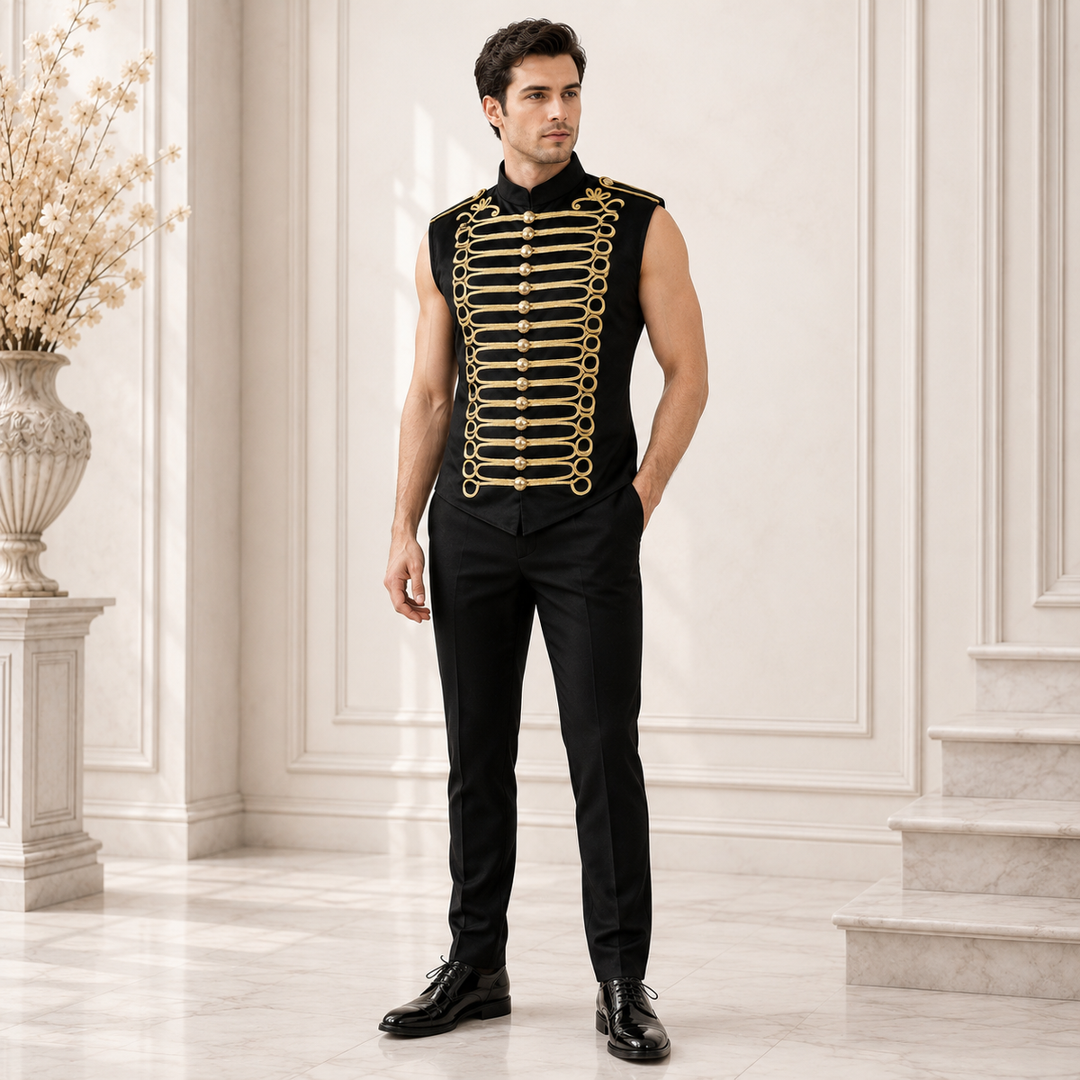 Prime Quality Handmade Men's Military Hussar Sleeveless Black Vest Black Gold Jacket