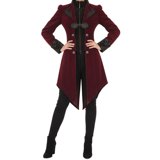 Women's Steampunk Swallow Tailcoat Gothic Long Winter Burgundy Velvet Coat