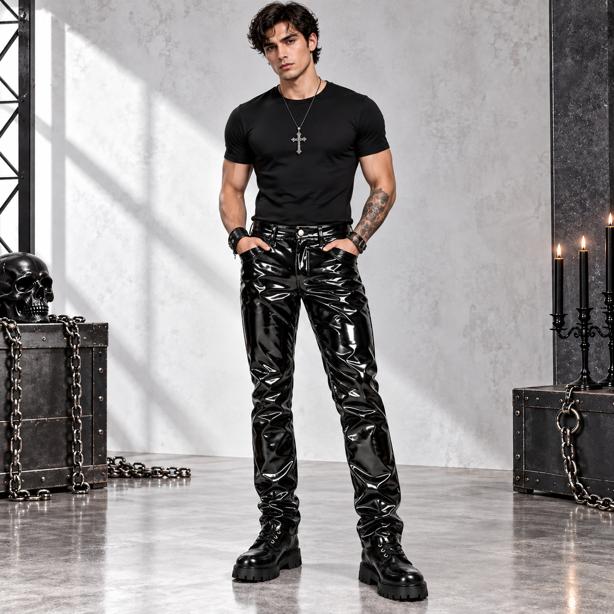 SKINNY JEANS BLACK GOTHIC SUPREME CHAOS VINYL PUNK REBEL PANTS