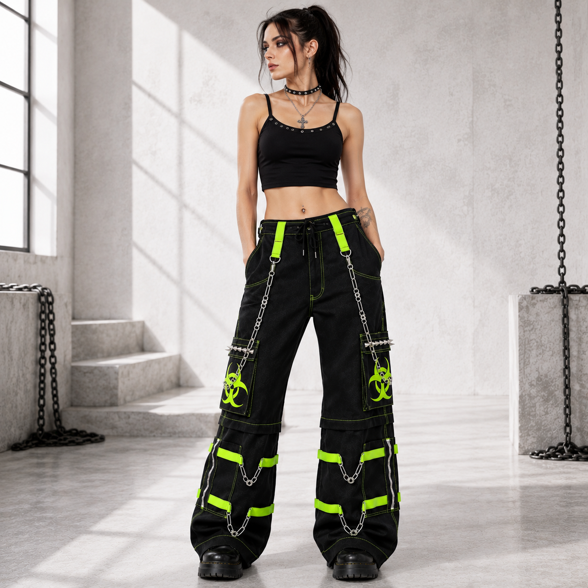 New Biohazard Men Gothic Black Lime Bondage Reflective Biohazard Symbol Pant Alternative Punk Rock Trouser Shorts