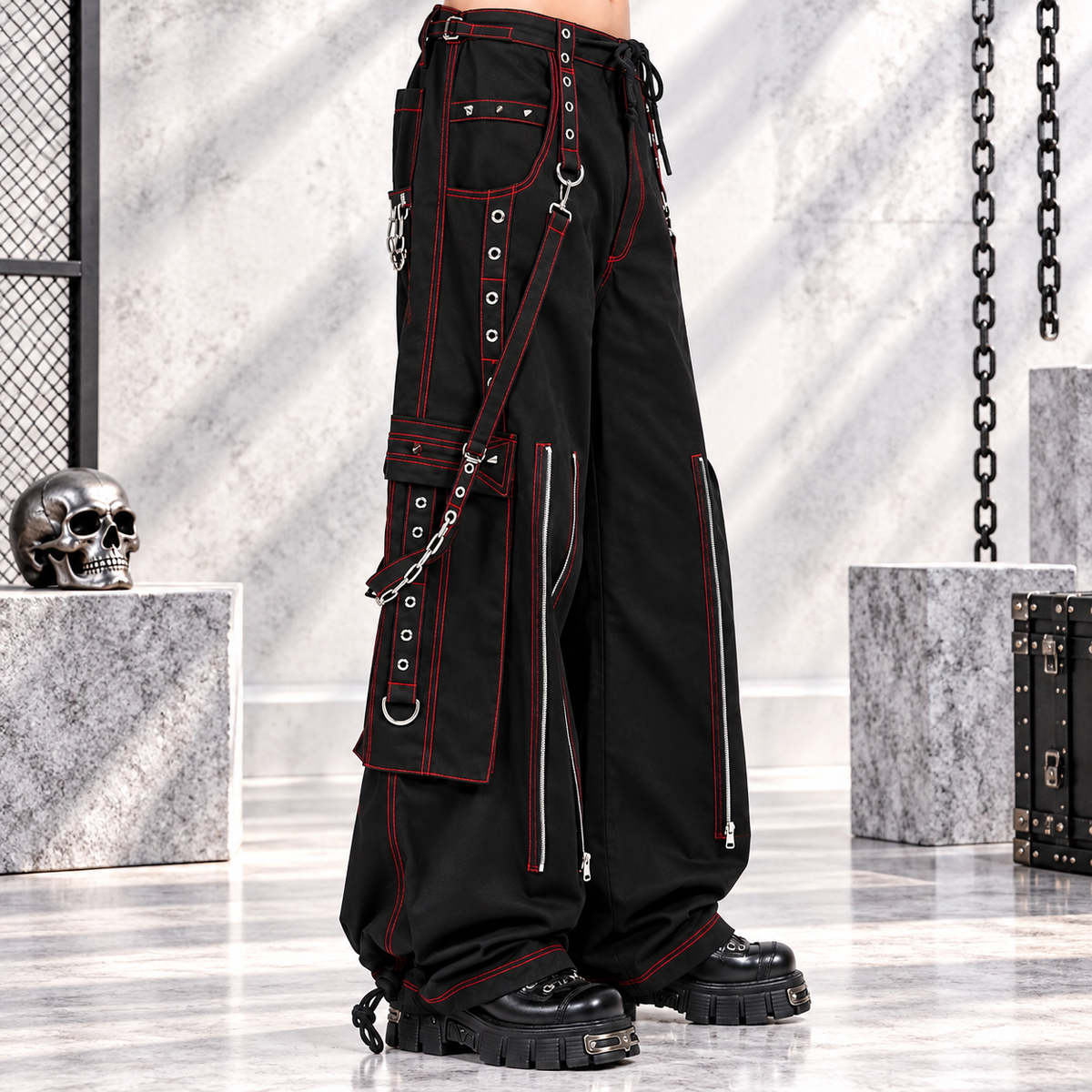Gothic Mens Black Bondage Red Back Skull Punk Rock Pants